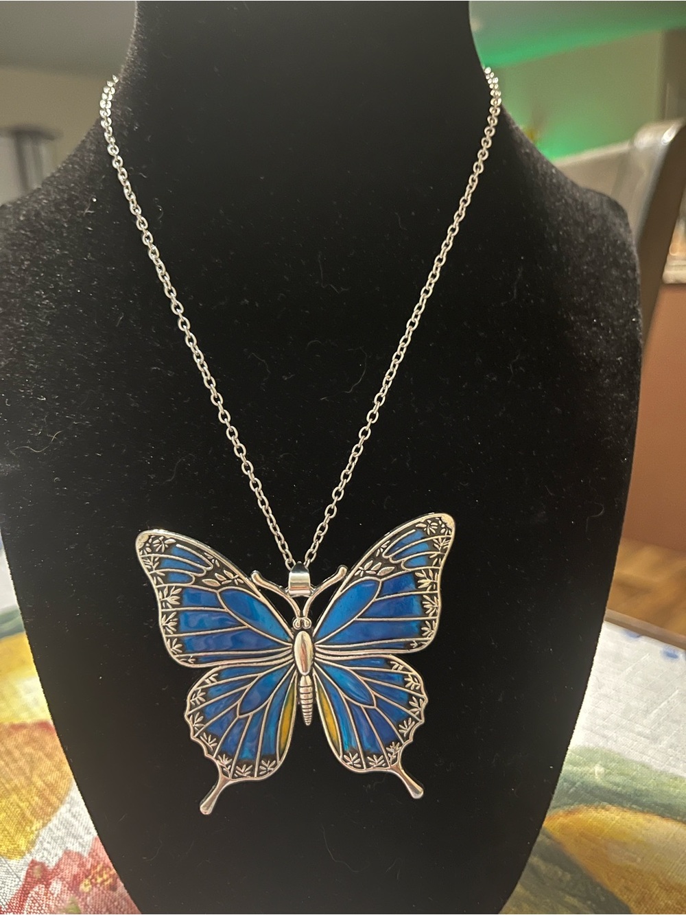 Blue Enamel Butterfly Pendant Necklace - Women's Silver-Tone Jewelry